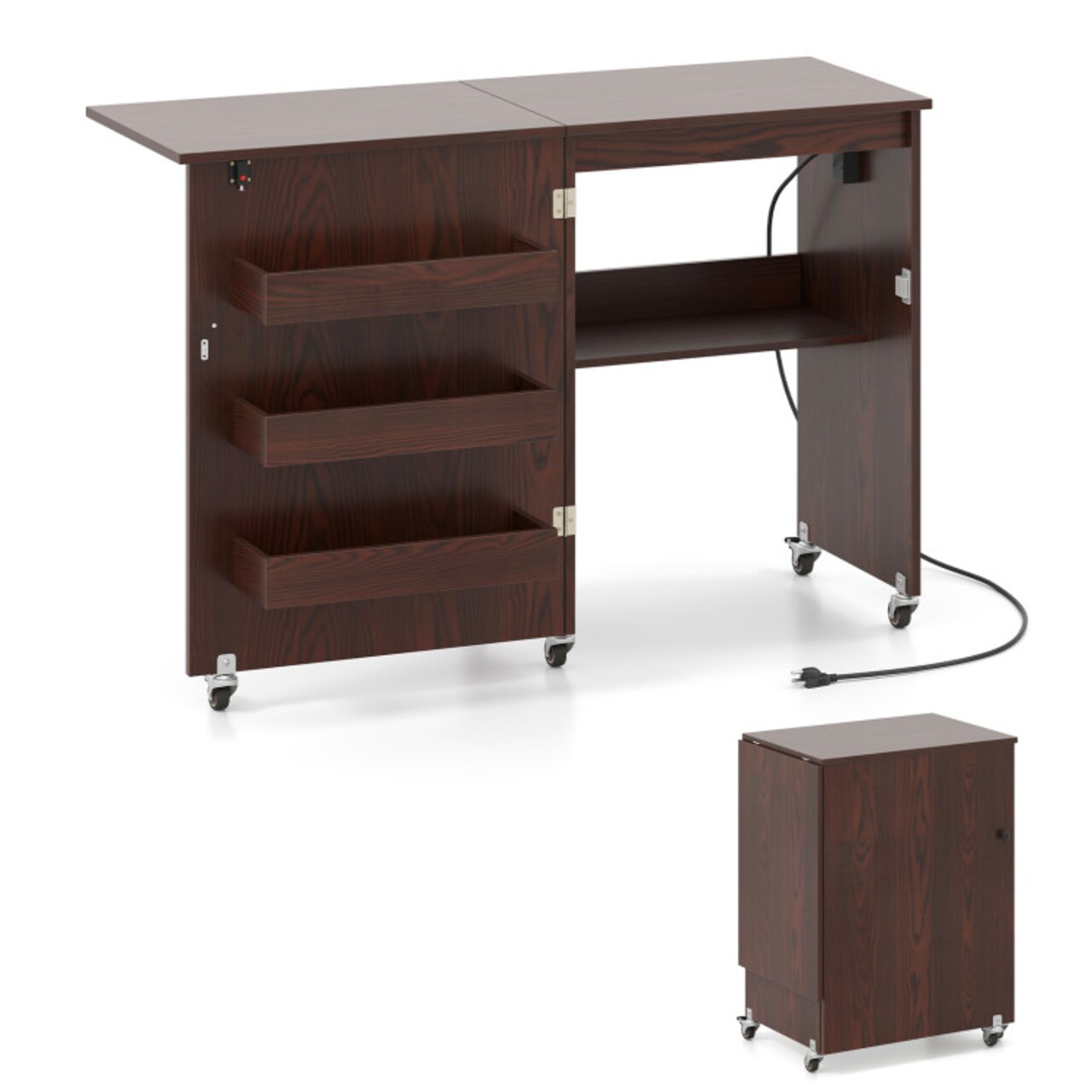 Portable Sewing Machine Table with USB Charging Station Storage Shelves Folding Craft and Study Desk on Wheels